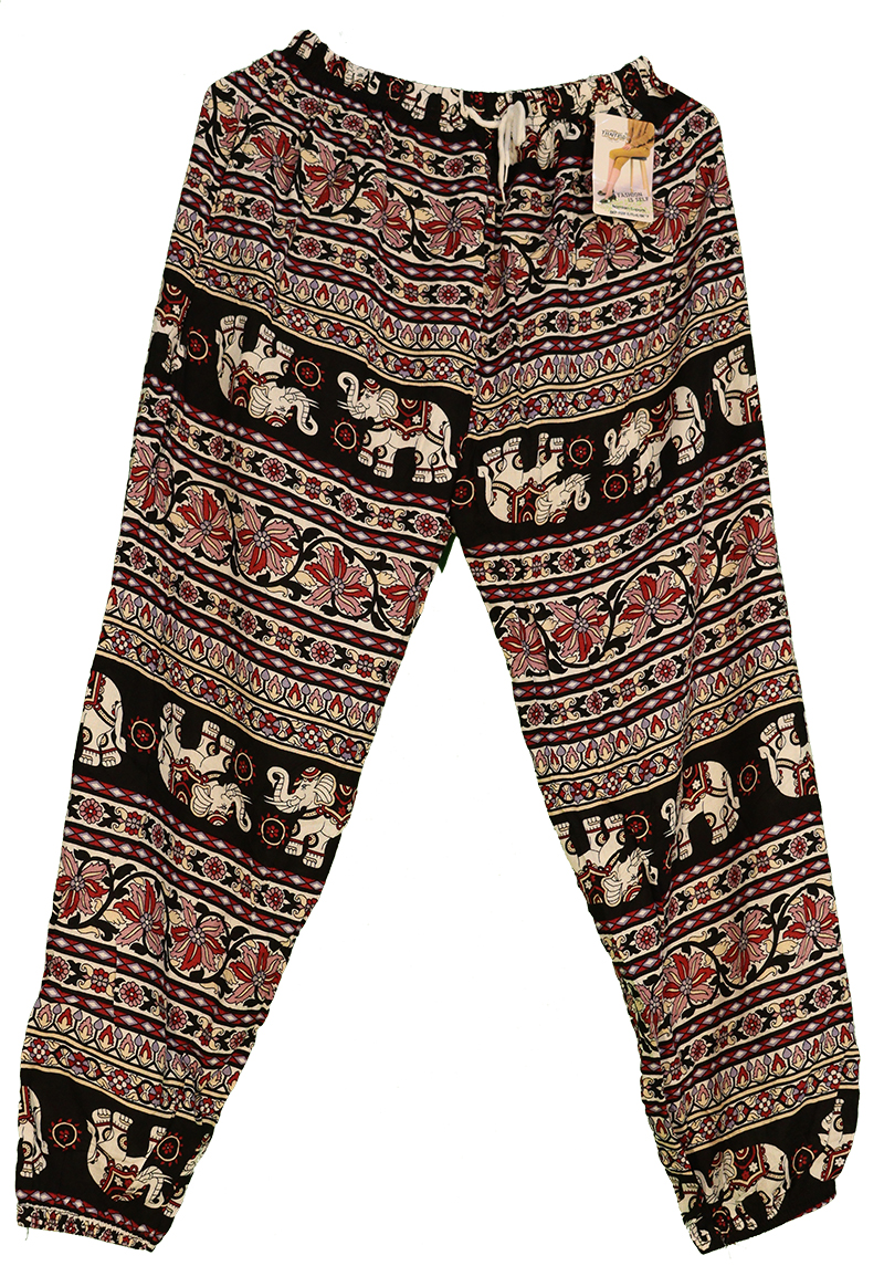 Bangkok Pants / Free Size Small / Elastic Ankle / Flowers + Elephants Pattern / Black with Purple