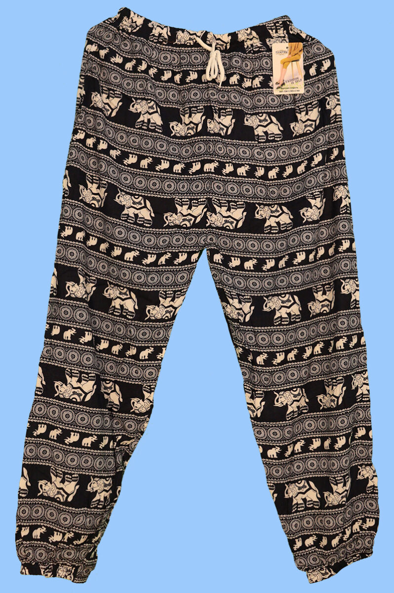Bangkok Pants / Free Size Small / Elastic Ankle / Medalians + Elephants Pattern / Navy Blue