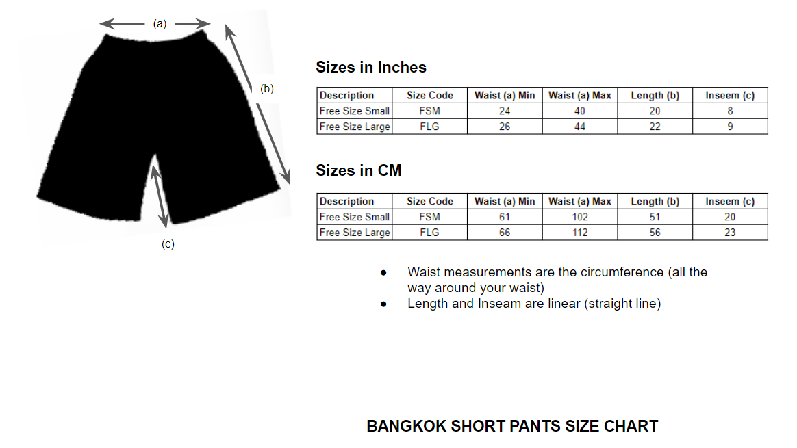 Bangkok Elephant Shorts Sizing Guide